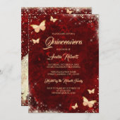 Red Gold Sparkle Butterfly Dress Quinceanera Invitation (Front/Back)