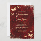Red Gold Sparkle Butterfly Dress Quinceanera Invitation (Front)