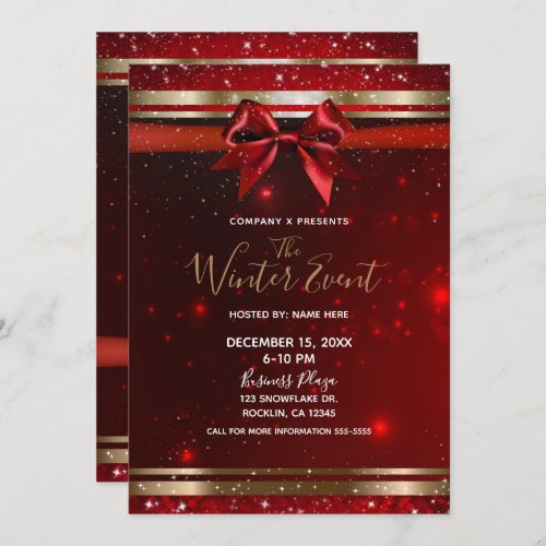 Red  Gold Sparkle Chic Bow Elegant Holiday Event Invitation