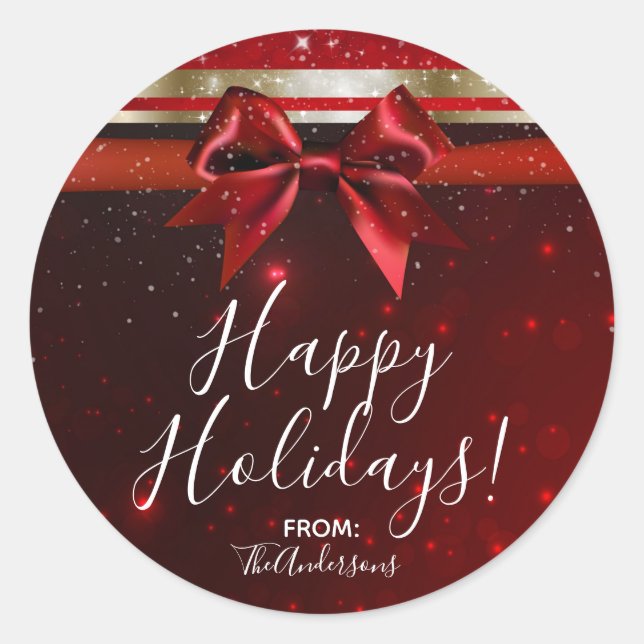 Red & Gold Sparkle Chic Bow Elegant Holiday Favor Classic Round Sticker (Front)