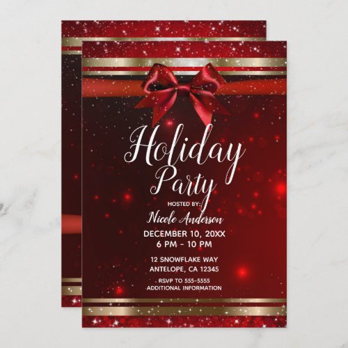 Red  Gold Sparkle Chic Bow Elegant Holiday Party Invitation