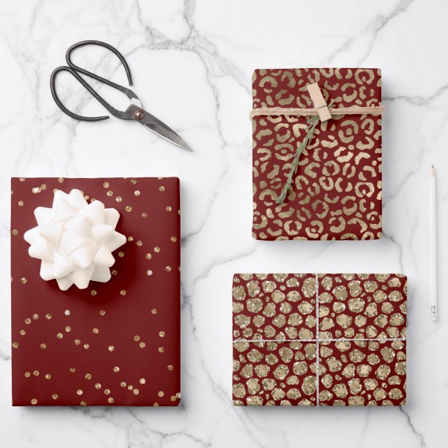 Red Gold Sparkle Dots Leopard Print     Wrapping Paper Sheets (Front)