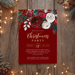 Red Gold Sparkle Festive Foliage Christmas Party Foil Invitation