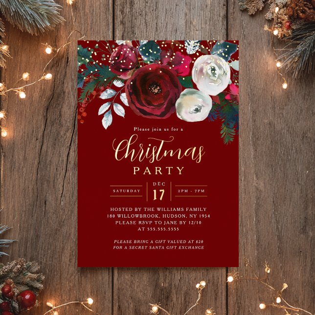 Red Gold Sparkle Festive Foliage Christmas Party  Foil Invitation (Creator Uploaded)