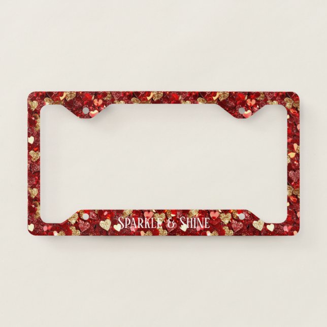 Red Gold Sparkle Hearts License Plate Frame (Front)