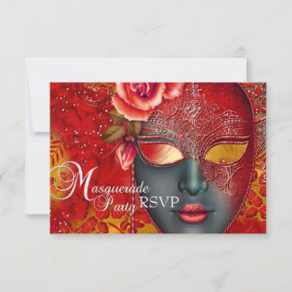 Red & Gold Sparkle Mask Masquerade Party RSVP Card
