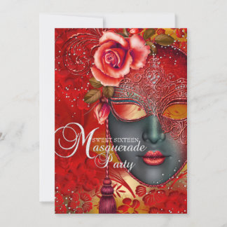 Red & Gold Sparkle Mask Masquerade Sweet 16 Invite