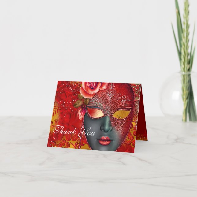 Red & Gold Sparkle Mask Masquerade Thank You Card (Front)