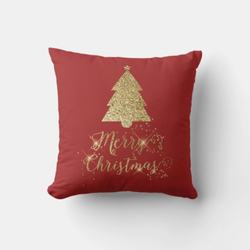 Red Gold Sparkle Merry Christmas Tree Throw Pillow