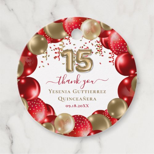  Red Gold Sparkle Quinceaera Balloon Classic Favor Tags