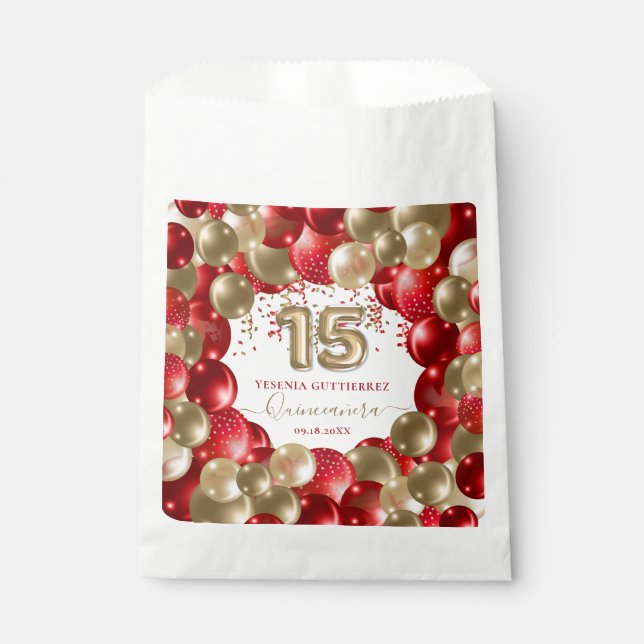  Red Gold Sparkle Quinceañera Balloon Favor Bag (Front)
