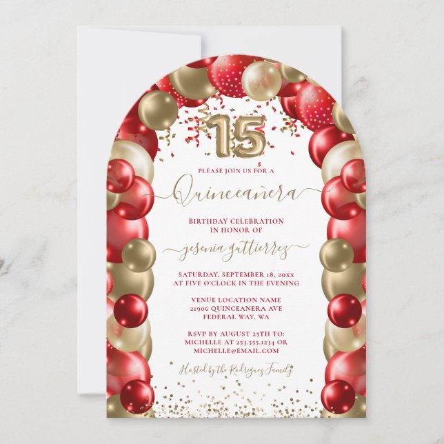  Red Gold Sparkle Quinceañera Balloon Invitation (Front)