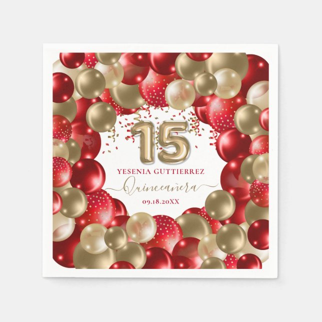  Red Gold Sparkle Quinceañera Balloon Napkins (Front)
