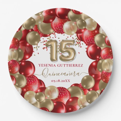  Red Gold Sparkle Quinceaera Balloon Paper Plates