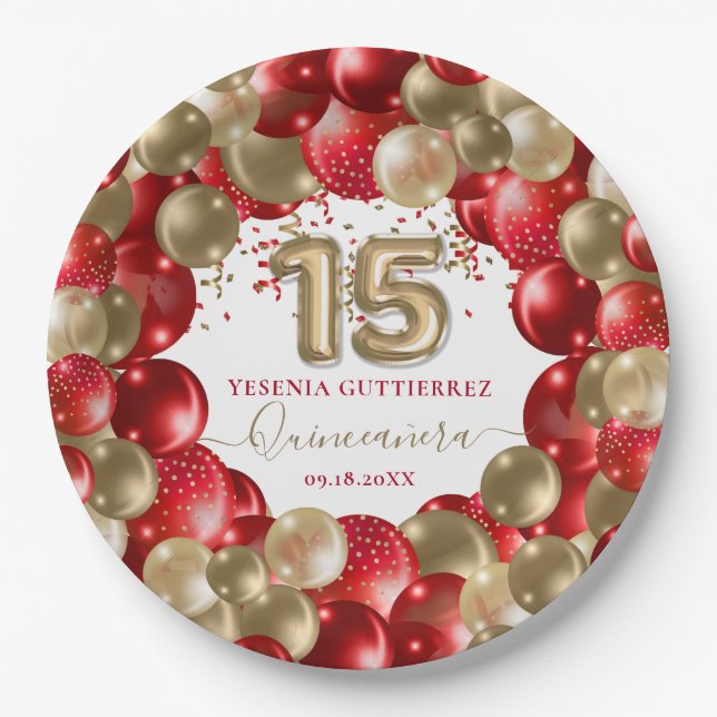  Red Gold Sparkle Quinceañera Balloon Paper Plates (Front)