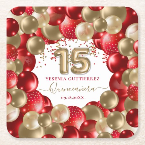  Red Gold Sparkle Quinceaera Balloon Square Paper Coaster
