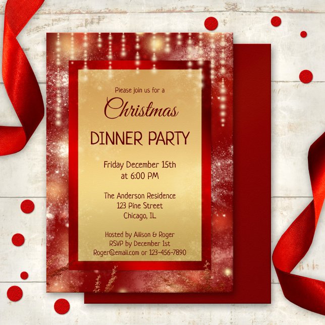 Red Gold Sparkling Lights Christmas Dinner Party Invitation (Christmas or New Year invitation featuring a colorful red and gold design with sparkling lights)