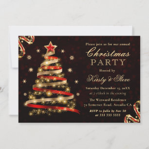 Red & Gold Sparkly Ribbon Tree Christmas Party Invitation