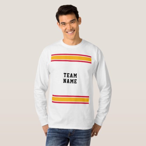 Red Gold Sports Jersey Team Name White Long Sleeve T_Shirt