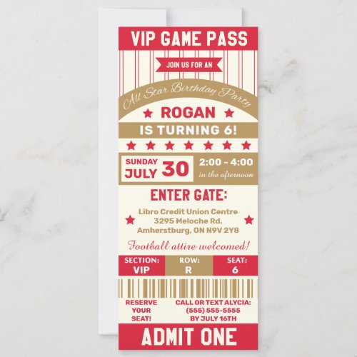 Red  Gold Sports Themed Ticket Birthday Party Invitation