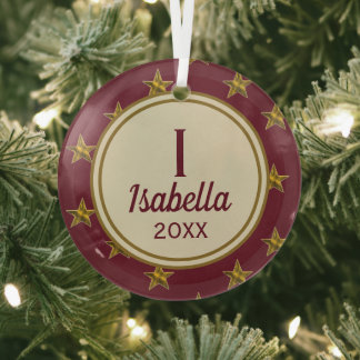 Red Gold Star Initial Holiday Monogram Christmas Glass Ornament