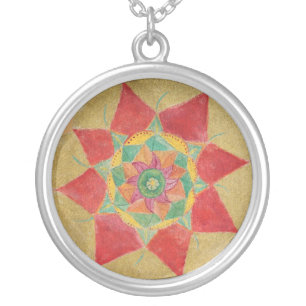 Red Gold Star Mandala Handpainted Round Necklace