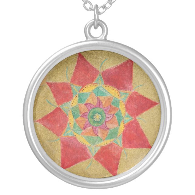 Red Gold Star Mandala Handpainted Round Necklace (Front)