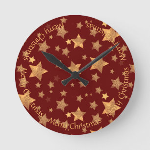 Red Gold Star Pattern Elegant Vintage Christmas Round Clock