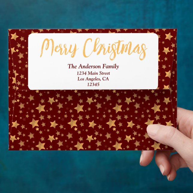 Red Gold Star Script Retro Elegant Merry Christmas Envelope (Hand)
