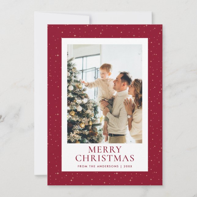 Red Gold Starry Night Photo Merry Christmas Holiday Card (Front)