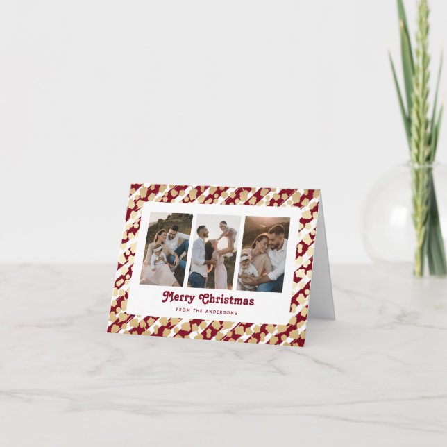 Red Gold Stars 3 Photo Merry Christmas Card (Front)