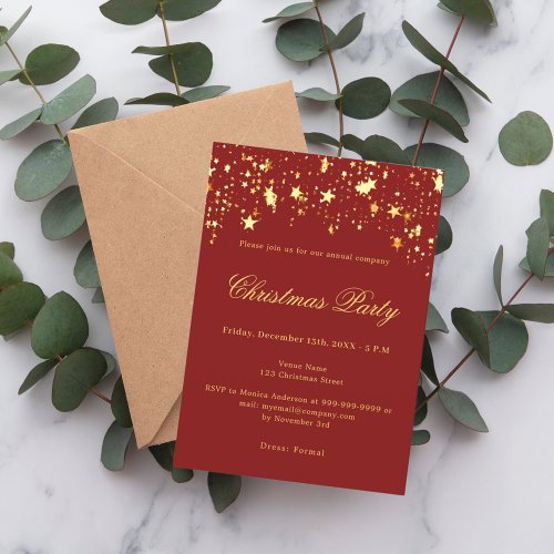 Red gold stars company Christmas Party Invitation