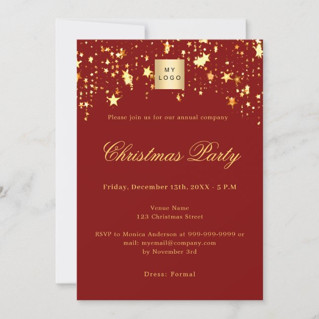 Red gold stars company logo Christmas Party Invitation (Front)