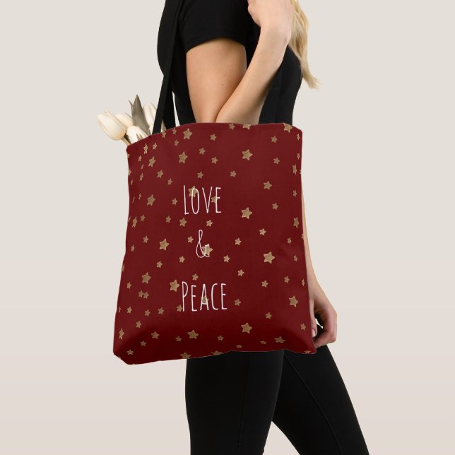 Red Gold Stars Love and Peace Tote Bag (Close Up)