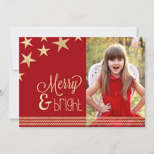 Red  Gold Stars Merry  Bright Holiday Photo Card
