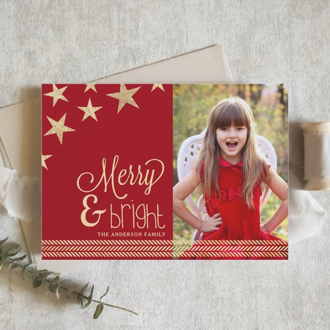 Red & Gold Stars Merry & Bright Holiday Photo Card (Creator Uploaded)