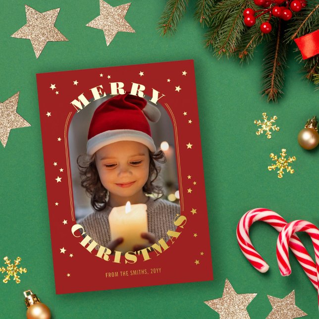 Red Gold Stars Oblong Photo Merry Christmas Foil Holiday Card (Creator Uploaded)