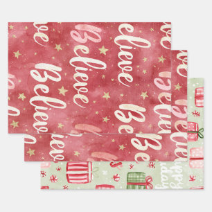 Red Gold Stars Pink White Believe Christmas Wrapping Paper Sheets