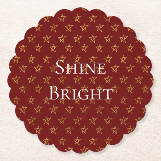 Red Gold Stars Shine Bright Paper Coaster (Front)