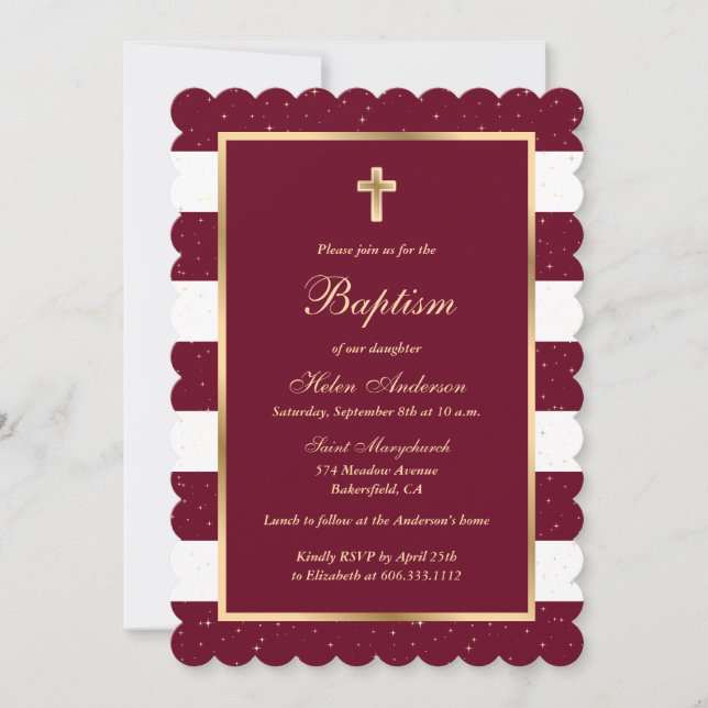Red Gold Stars Striped Girl Baptism Invitation (Front)