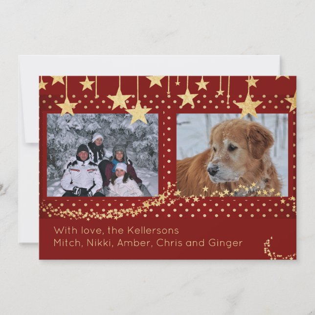 Red Gold Stars Two Photo Custom Holiday Card (Front)