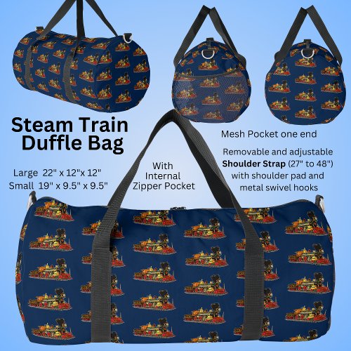 Red Gold Steam Train for Railroad Fan on Blue Duffle Bag