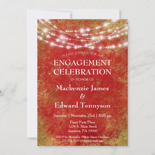 Red Gold String Lights Engagement Party Invitation