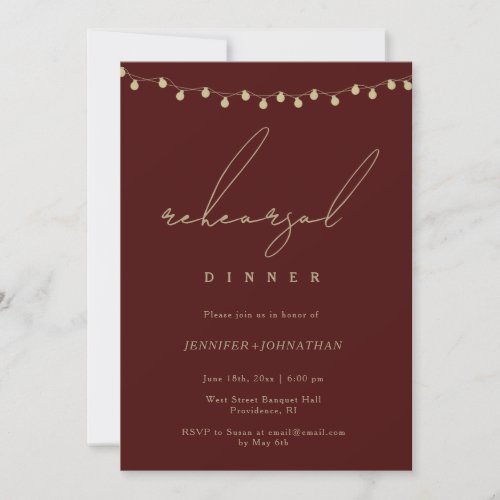 Red Gold String Lights Rehearsal Dinner Invitation