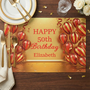 Red Gold Striped Balloons 50th Birthday Placemat