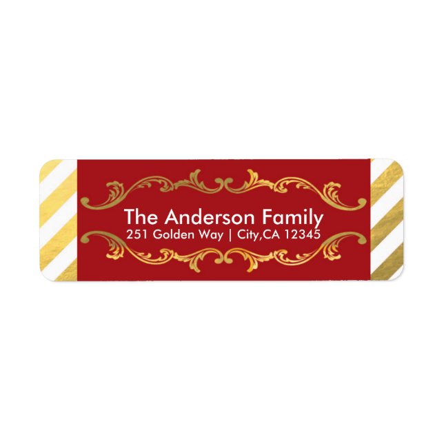 Red & Gold Striped Christmas Holiday Address Label (Front)