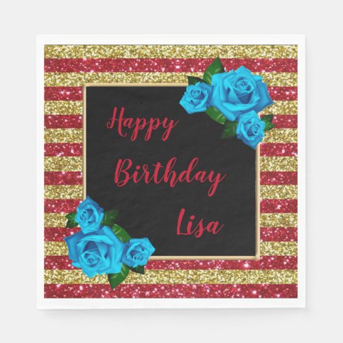 Red Gold Stripes Glitter Blue Roses Birthday Napkins