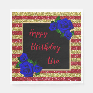 Red Gold Stripes Glitter Deep Blue Roses Birthday Napkins