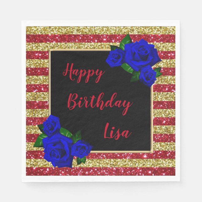 Red Gold Stripes Glitter Deep Blue Roses Birthday Napkins (Front)