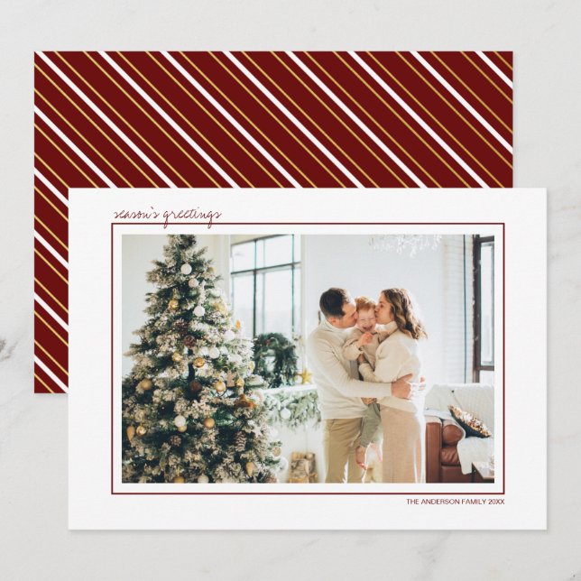 Red & Gold Stripes Season's Greetings Photo Holida Holiday Card (Front/Back)